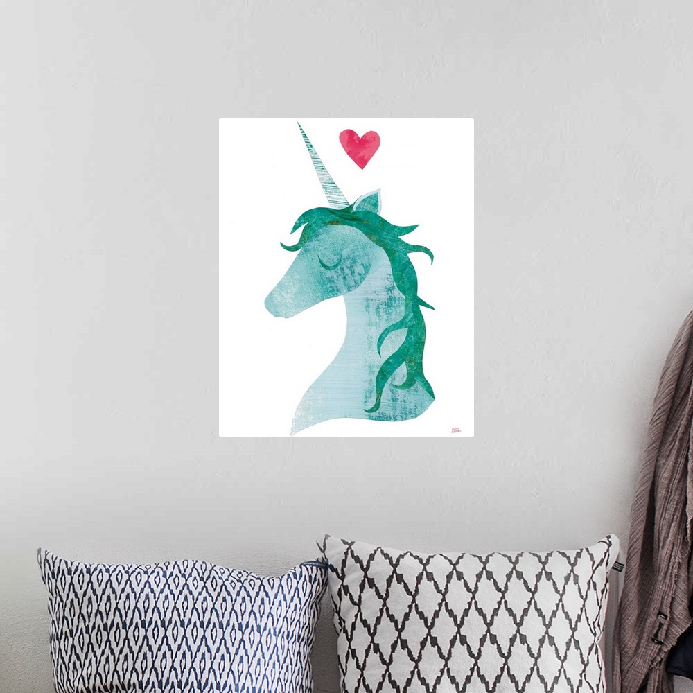 A bohemian room featuring Whimsy cut and paste painting of a teal unicorn with a pink heart at the top.