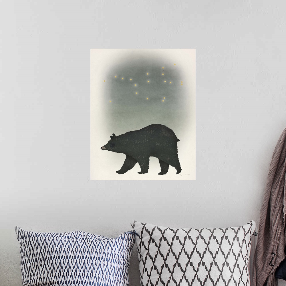 A bohemian room featuring Illustration of a black bear and a starry night sky.