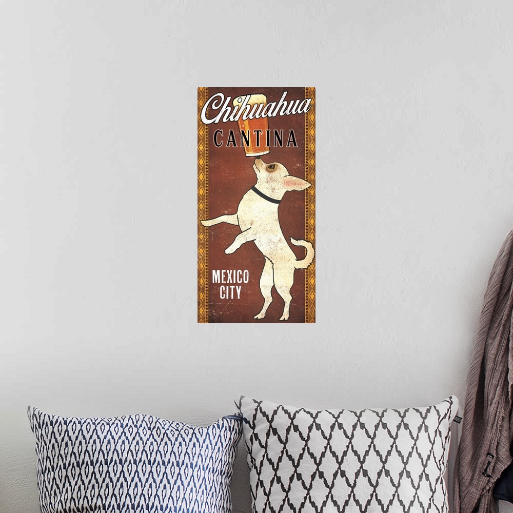 A bohemian room featuring Illustration of a chihuahua balancing a pint of beer on its nose with "Chihuahua Cantina" and "Me...