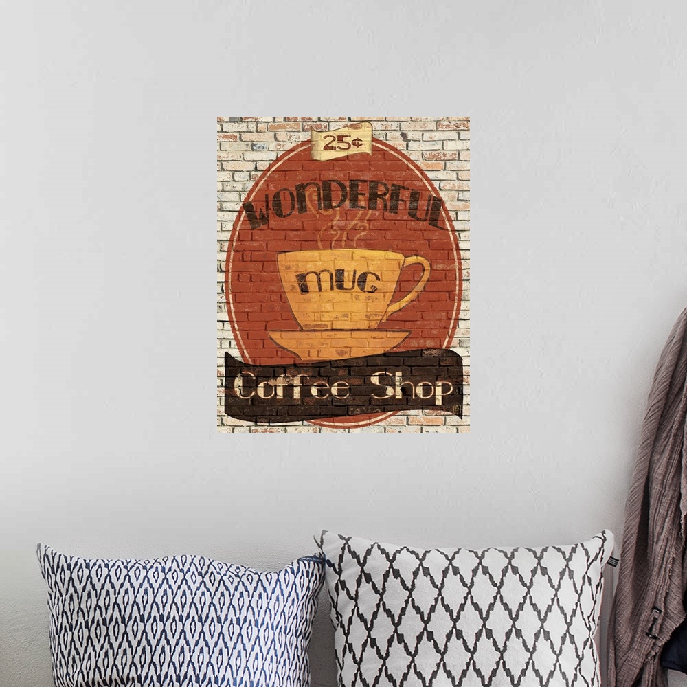 A bohemian room featuring Digital art that depicts an old type coffee shop ad on the side of the brick building with a coff...