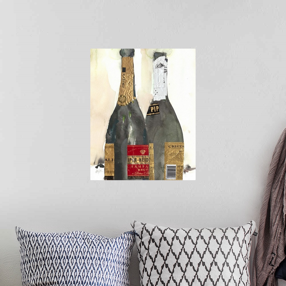 A bohemian room featuring Watercolor painting of two champagne bottles, embellished with foil.