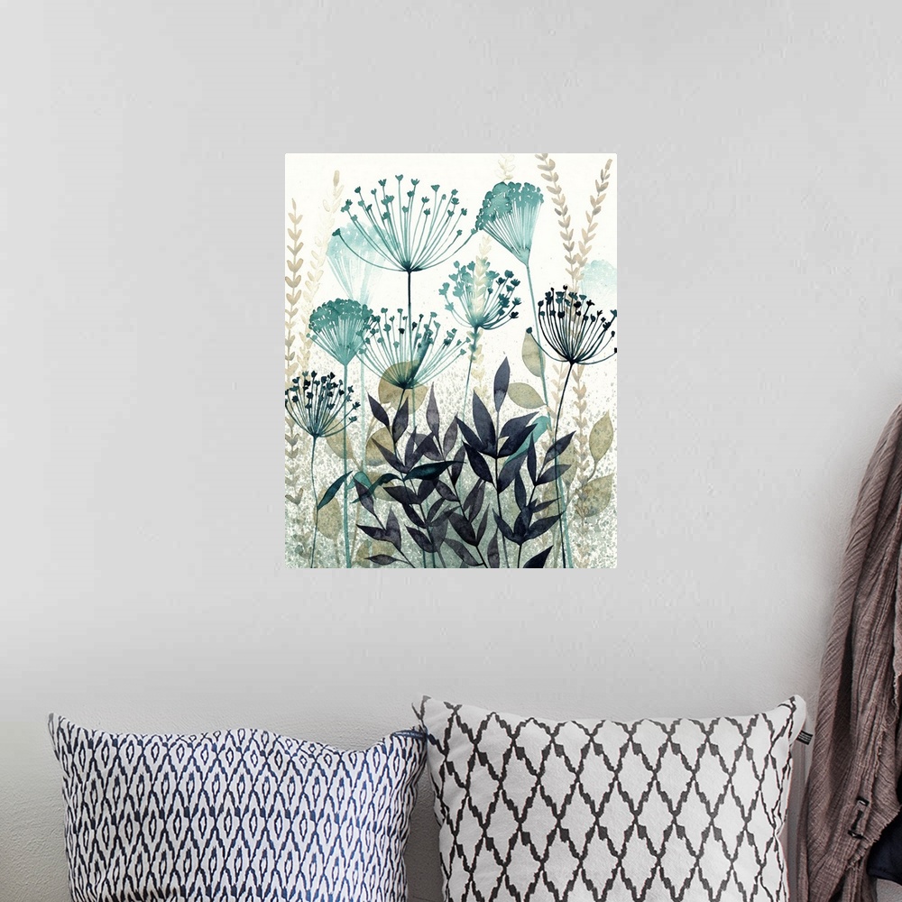 A bohemian room featuring Contemporary artwork of garden flowers in a monochromatic color scheme.