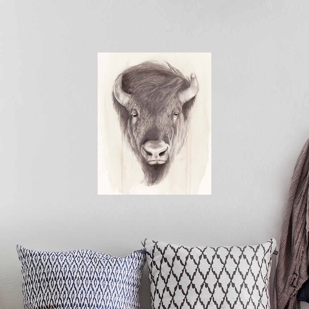 A bohemian room featuring Contemporary illustration of a bison head against a tan background.