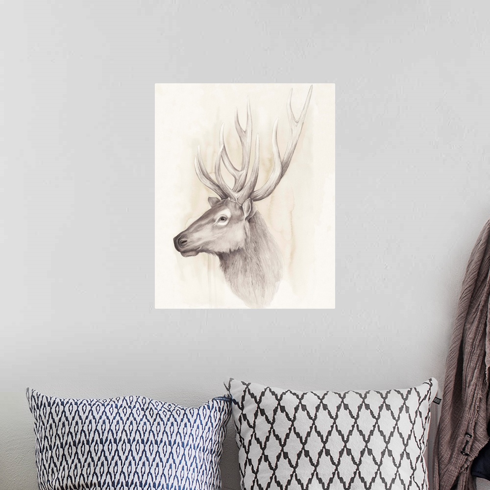 A bohemian room featuring Contemporary illustration of a deer head against a tan background.