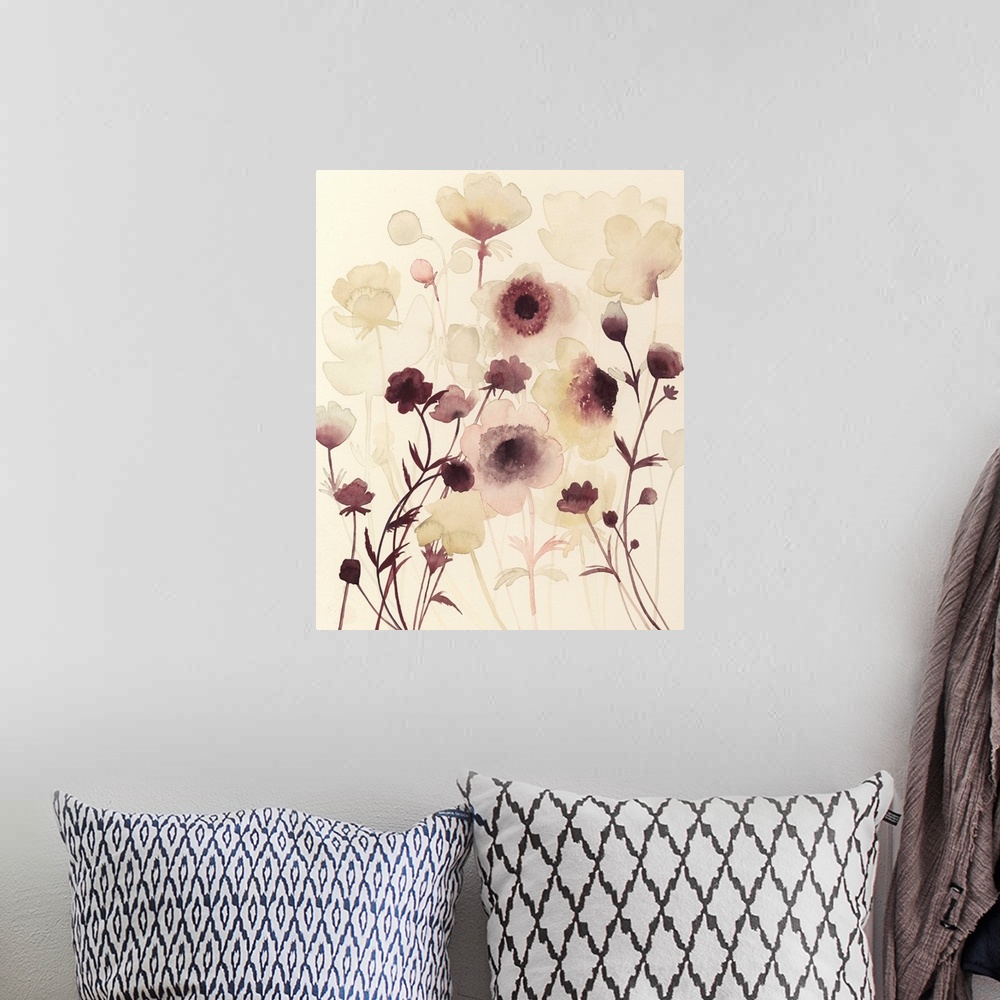 A bohemian room featuring Contemporary watercolor painting of  soft dark purple flowers against a cream background.