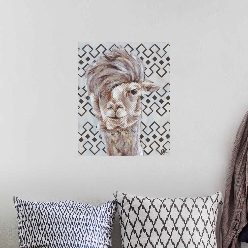 A bohemian room featuring An engaging portrait of a llama with light gray lines on it's face and a gray and metallic gold p...