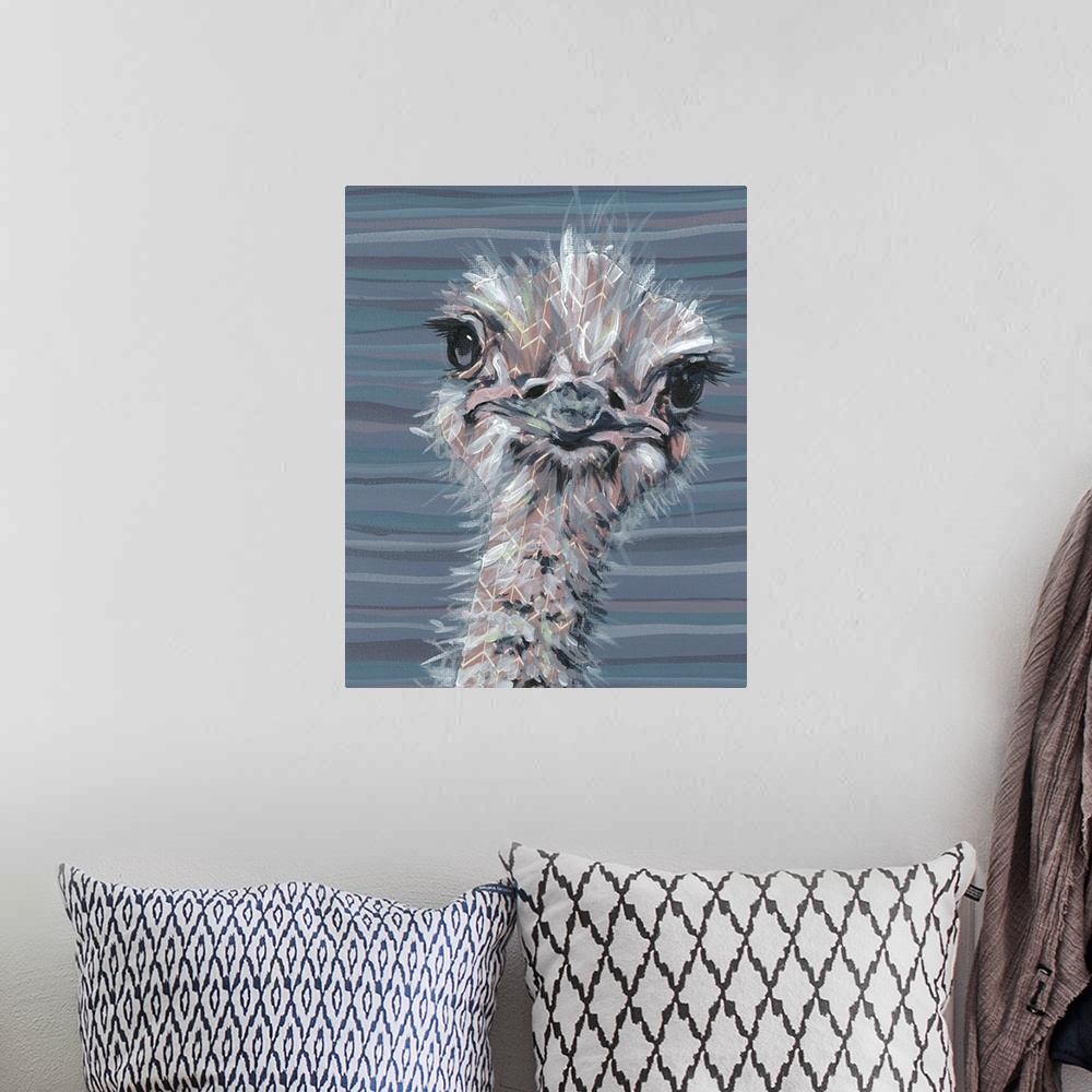 A bohemian room featuring A engaging portrait of an ostrich with a grey, pink and blue striped background.