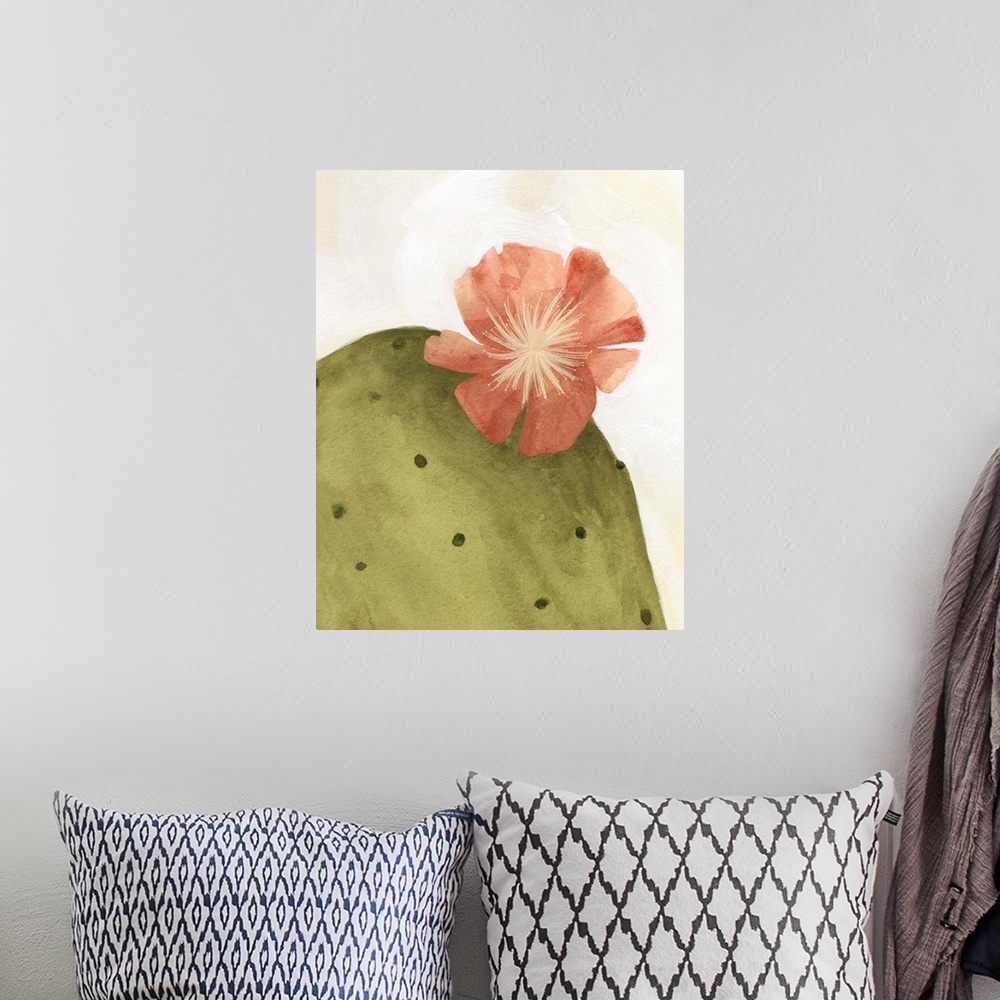 A bohemian room featuring Contemporary painting of a bloom on the top of a cactus on a neutral backdrop.