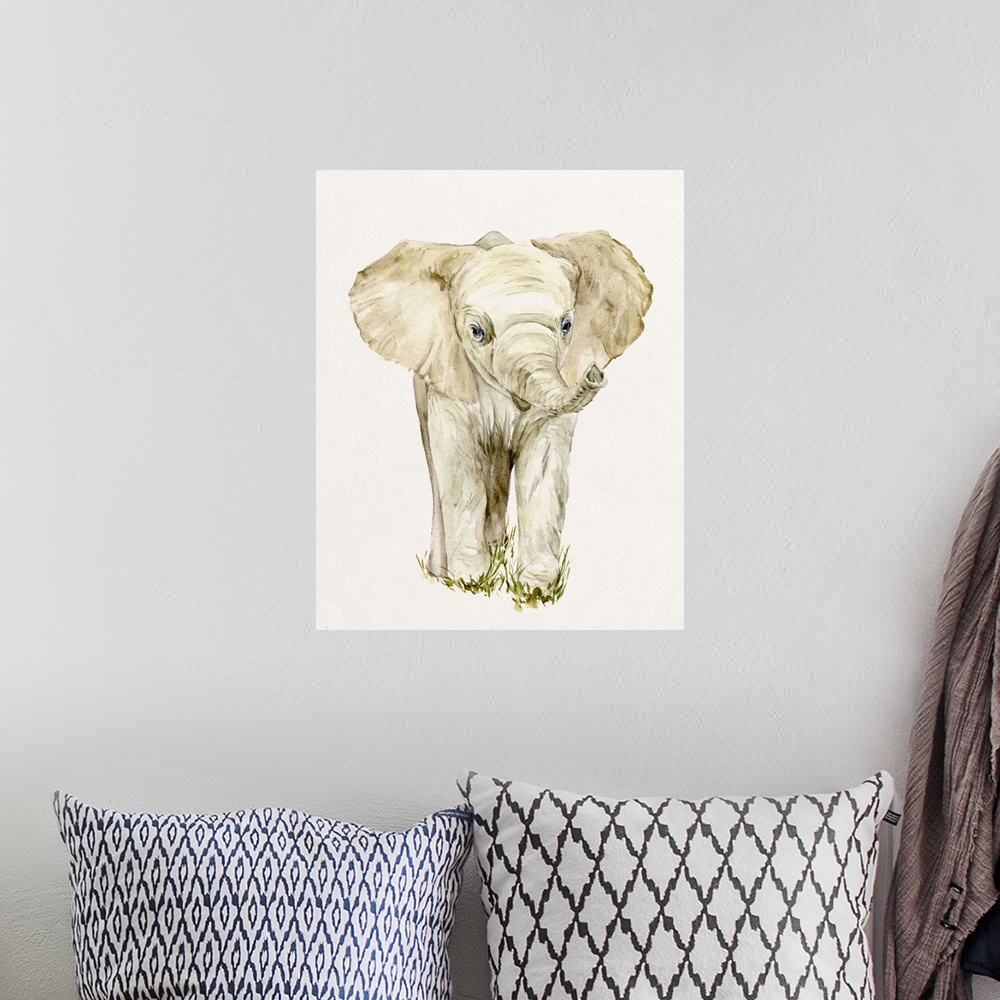 A bohemian room featuring Watercolor art print of a young elephant in sepia tones.