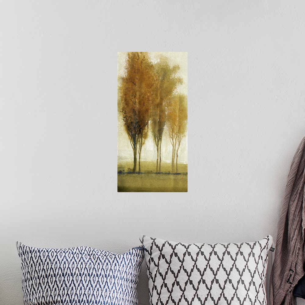 A bohemian room featuring Golden trees in autumn foliage in a countryside scene.