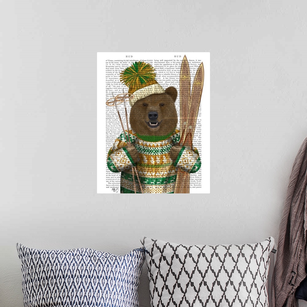 A bohemian room featuring Decorative artwork of a brown bear wearing a sweater and hat while holding skis, painted on the p...