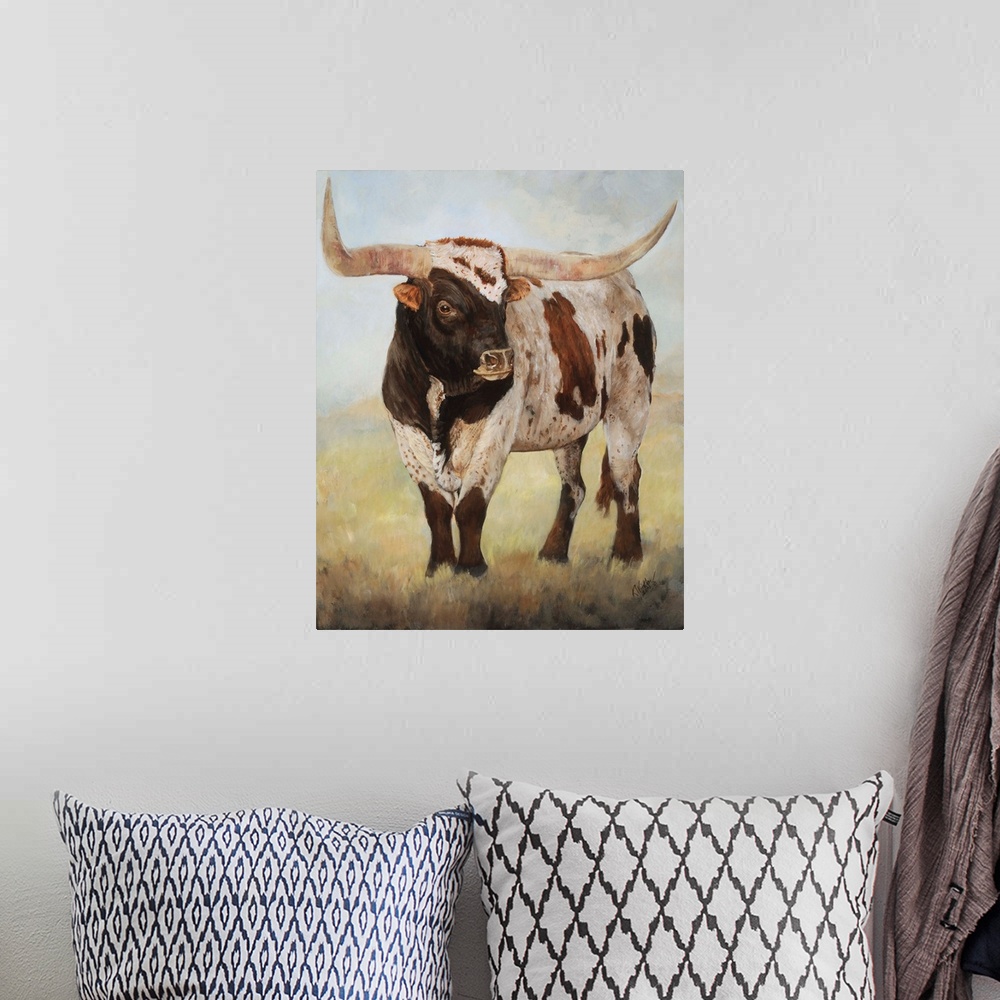 A bohemian room featuring Horizontal contemporary artwork of a longhorn cow grazing on a field in cool tones.