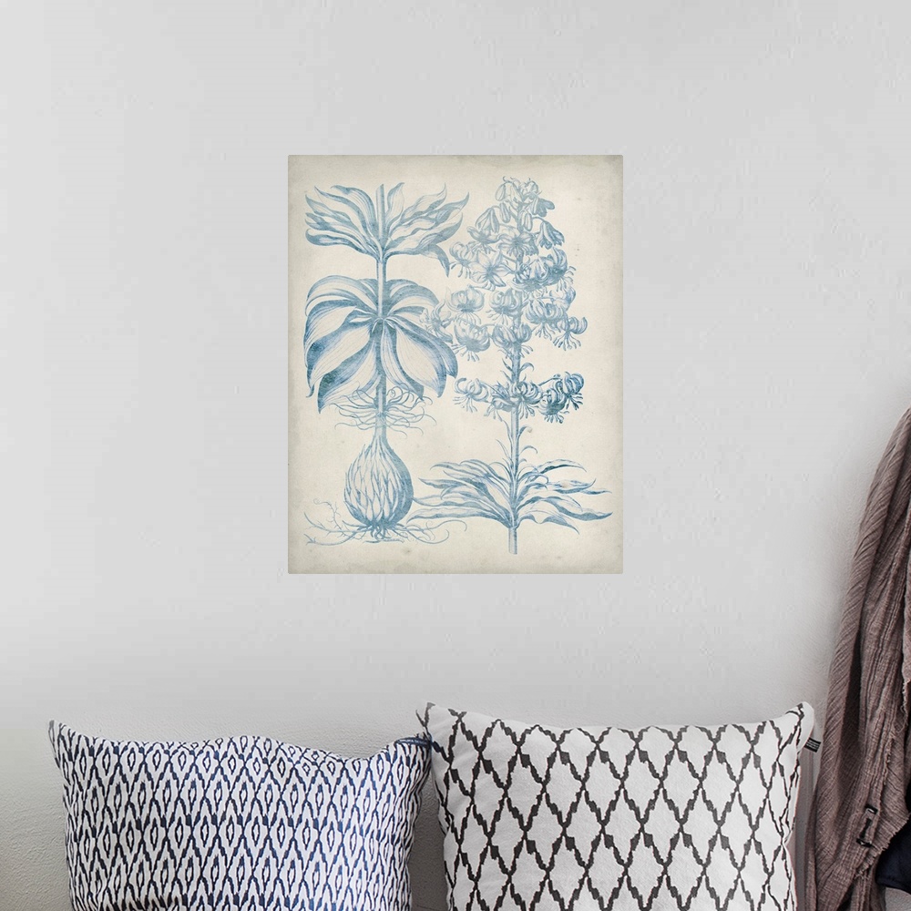 A bohemian room featuring This line illustration has a vintage faded style and features two plants showing the blossoms or ...