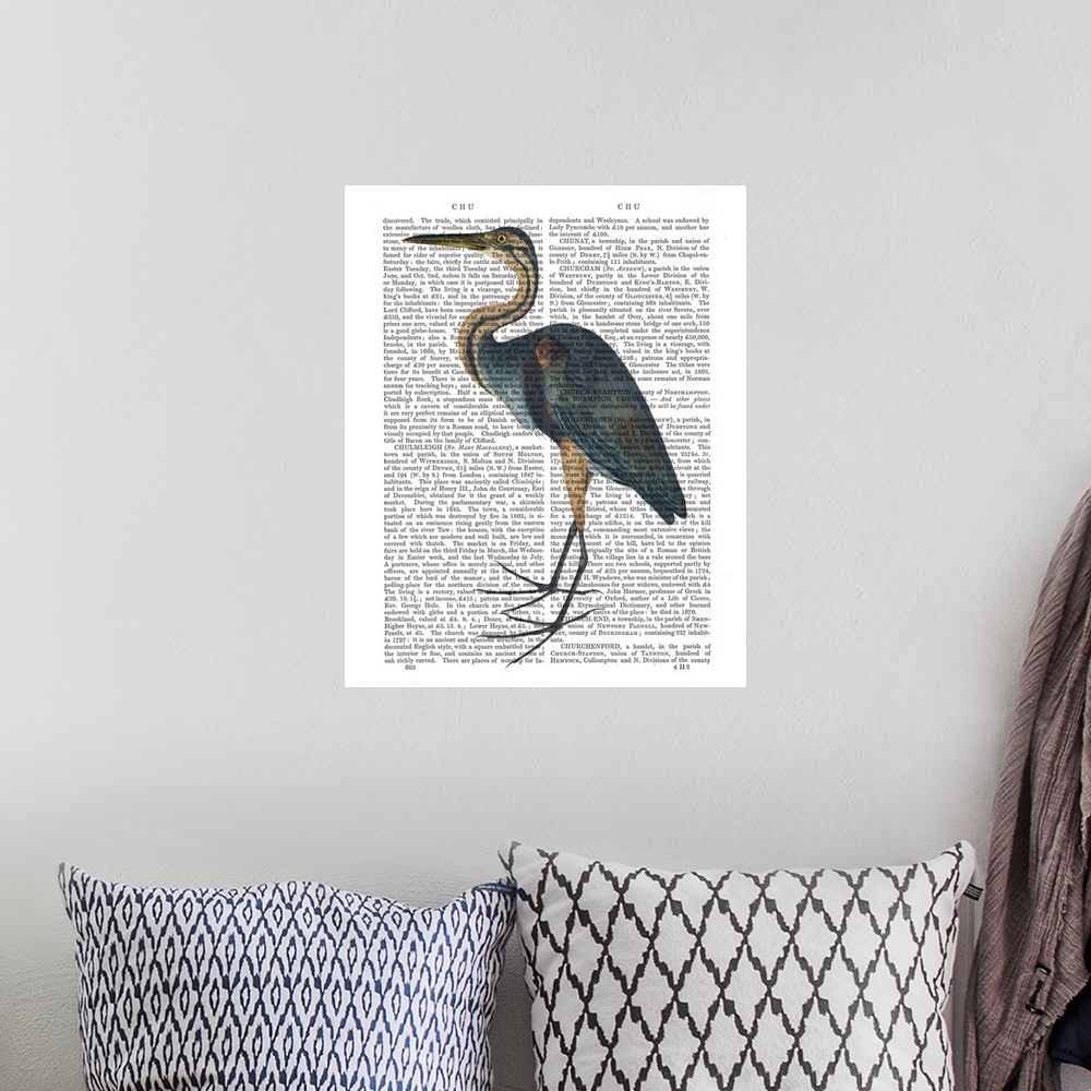 A bohemian room featuring A heron painted over a vintage dictionary page.