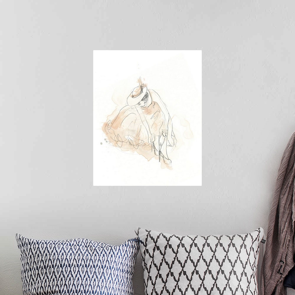 A bohemian room featuring Artistic drawing of a fashionable woman in a dress with light watercolor accents in blush.