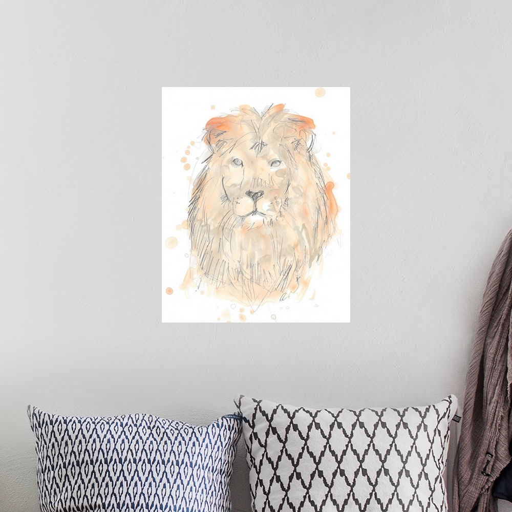 A bohemian room featuring Blush pink and gray watercolor painting of a lion.
