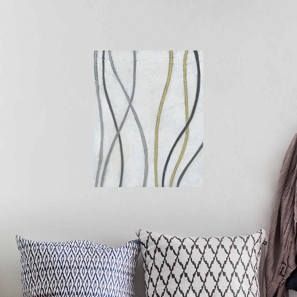 A bohemian room featuring Abstract artwork of thin vines weaving along a white background.