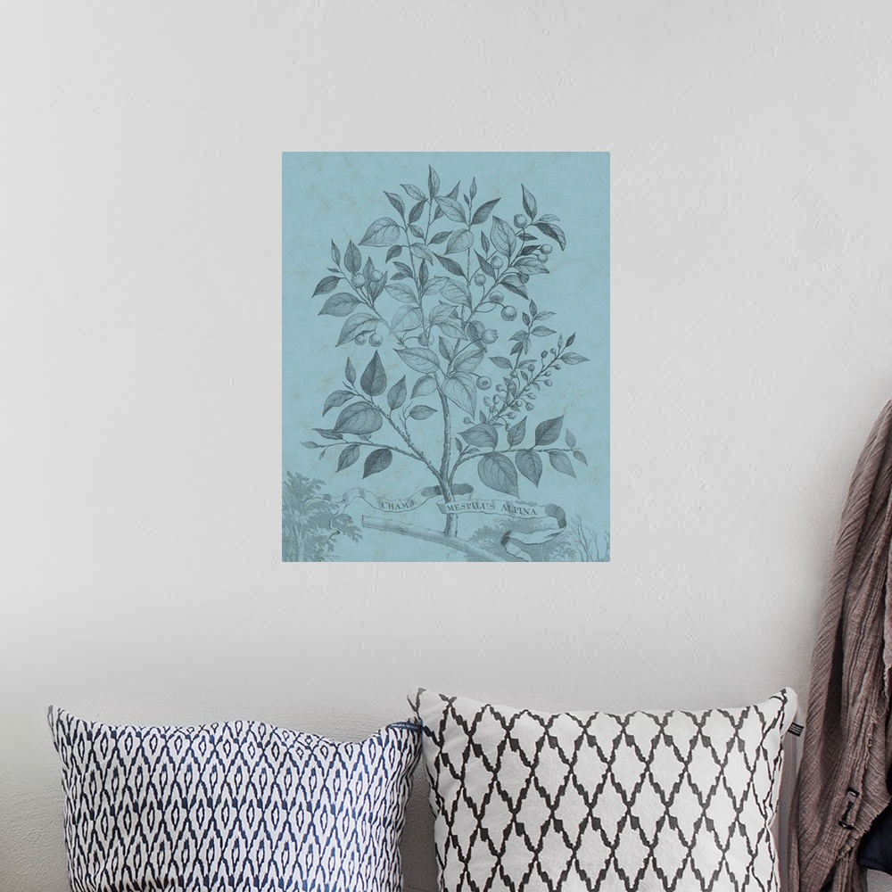 A bohemian room featuring This decorative artwork features an illustrative plant over a distressed blue background with the...