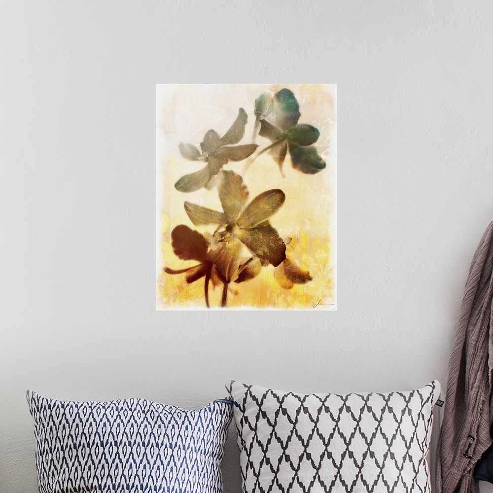 A bohemian room featuring Contemporary artwork of dark washed out looking flowers against a pale floral patterned background.