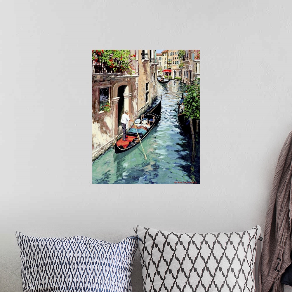 A bohemian room featuring Contemporary artwork of a street scene in the Italian town of Venice.