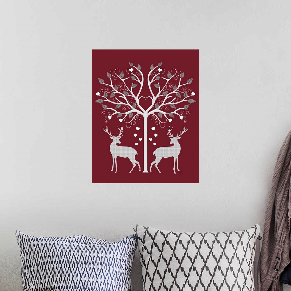 A bohemian room featuring Whimsical Christmas decor with two plaid reindeer standing under a tree filled with leaves and he...