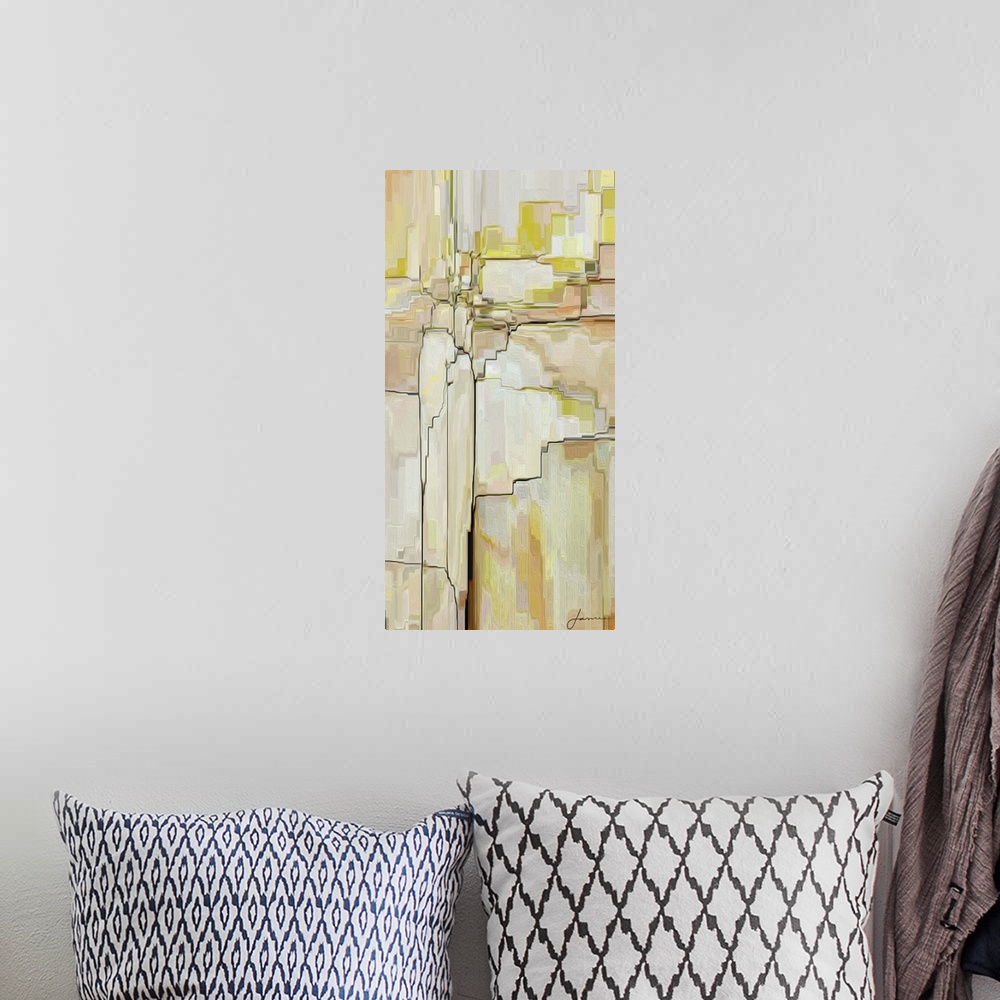 A bohemian room featuring Contemporary abstract artwork using earth tones and jagged lines to create what looks like cliffs.