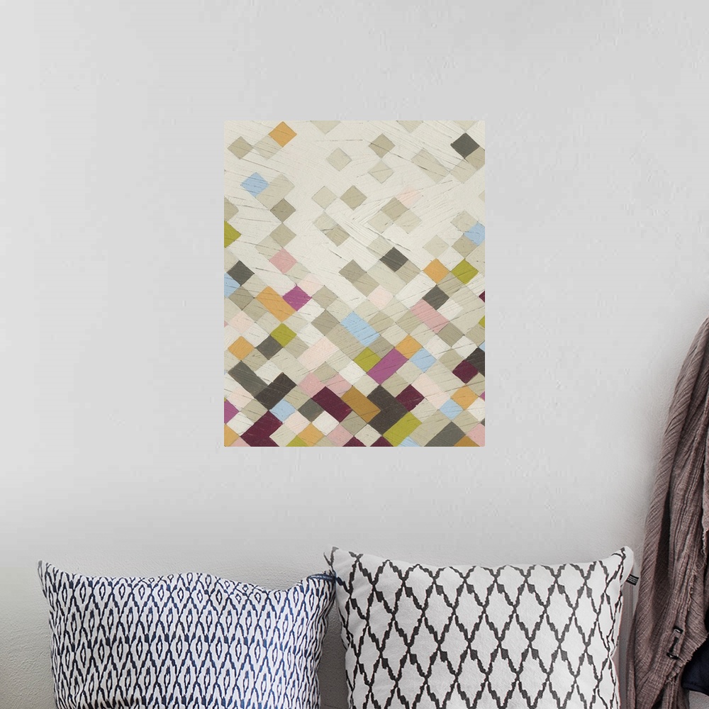 A bohemian room featuring Contemporary abstract art using lattice diamond patterns in soft colors.