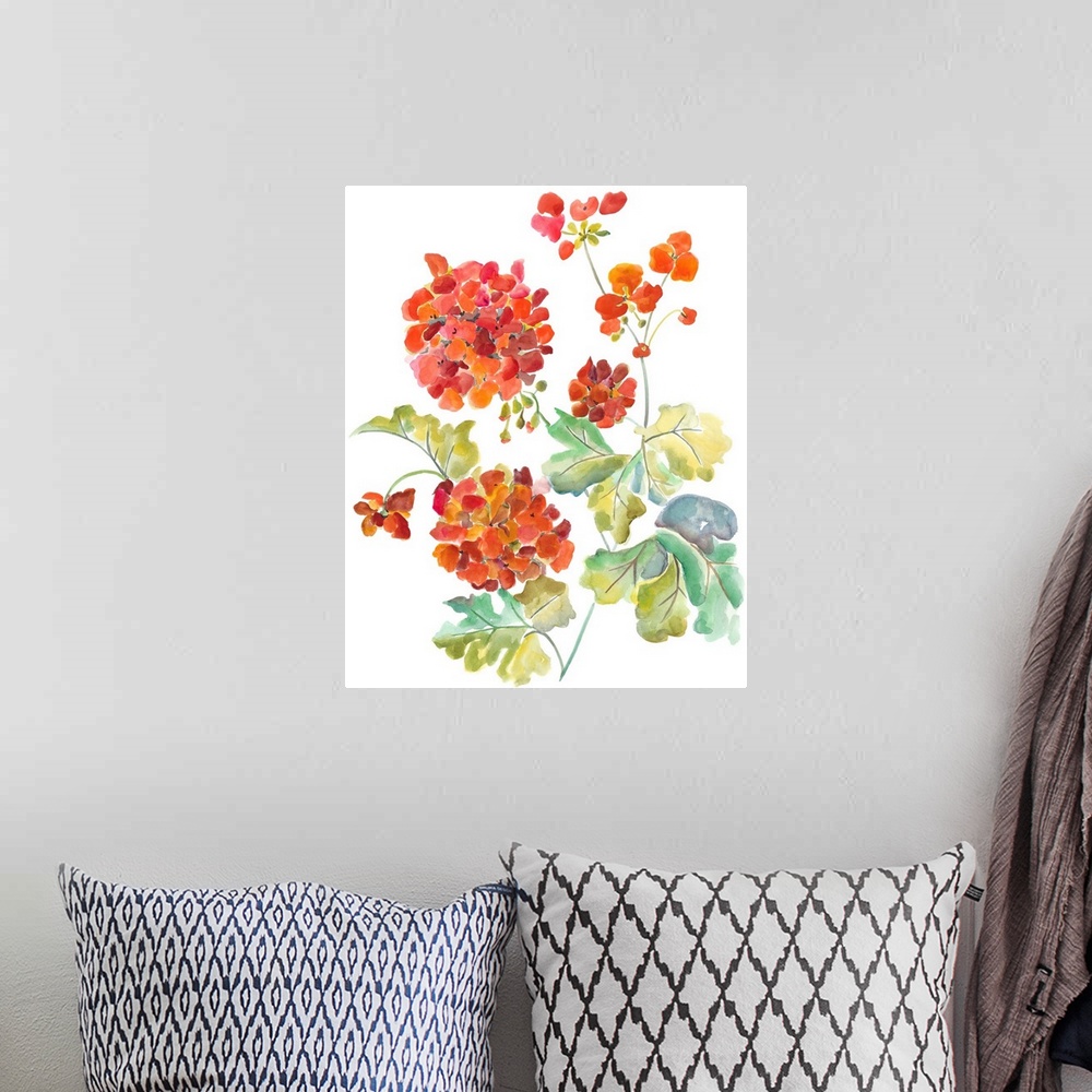 A bohemian room featuring Watercolor painting of red and orange flowers against a white background.
