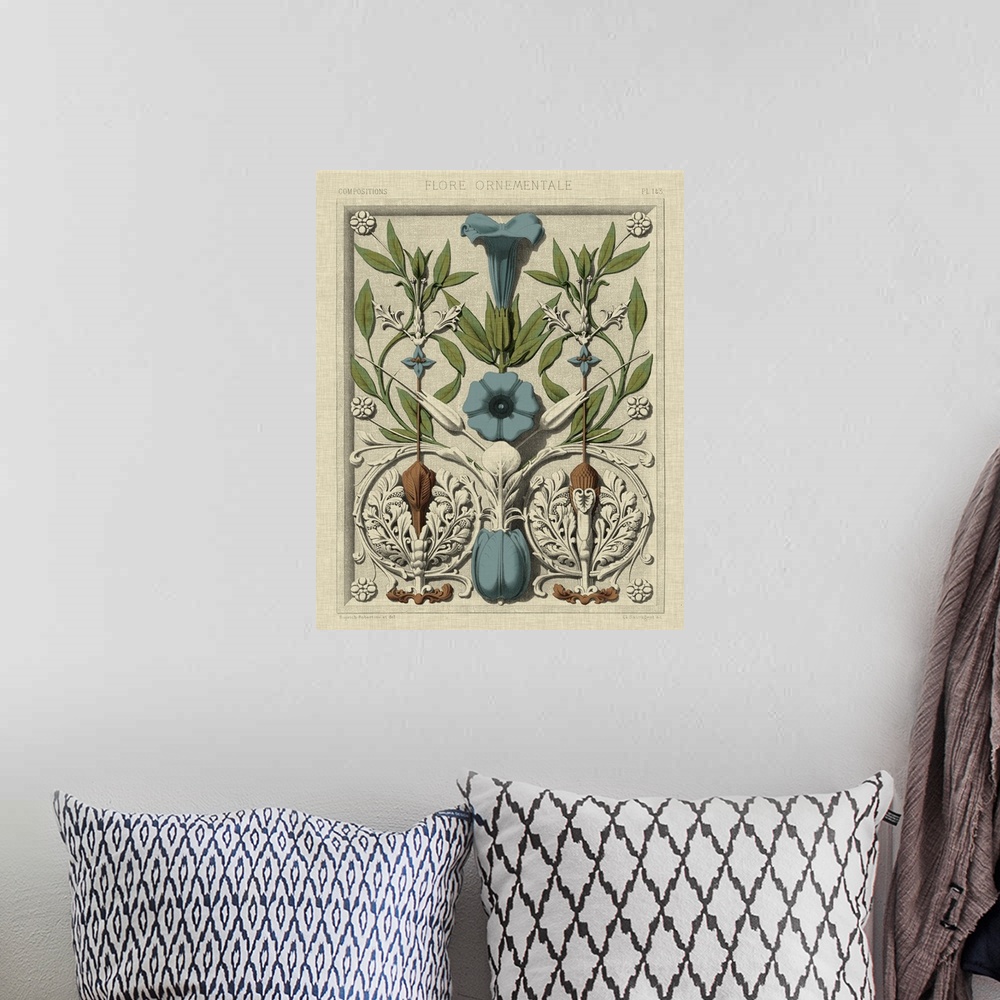 A bohemian room featuring Contemporary floral artwork in a vintage illustrative style.