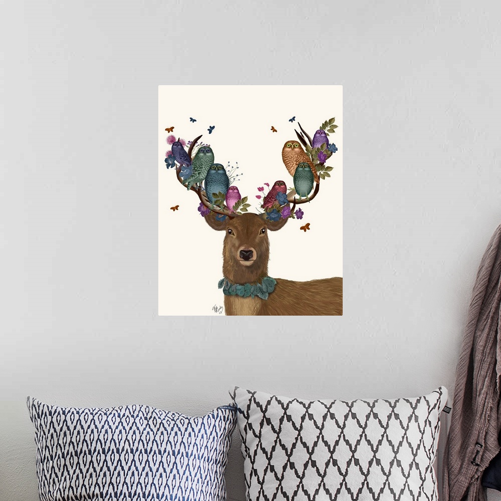 A bohemian room featuring Digital illustration of a buck wearing leaves around his neck and on his antlers and colorful owls.