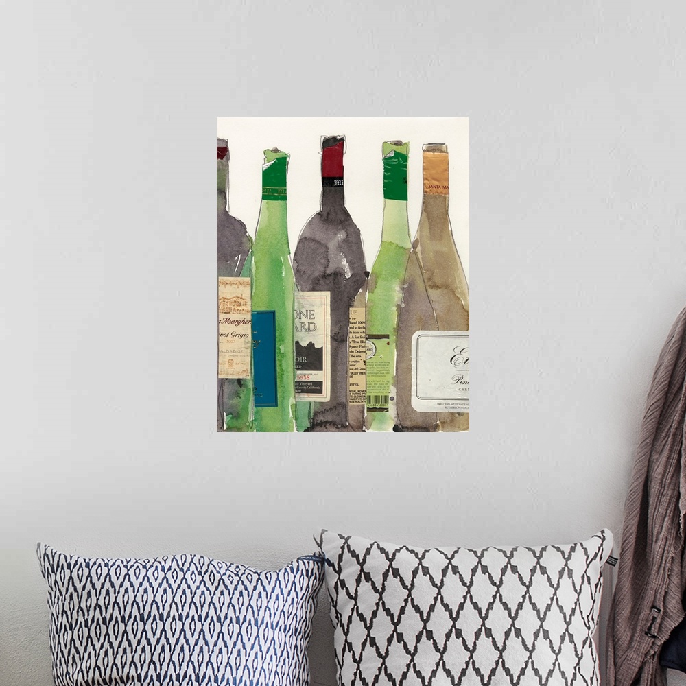 A bohemian room featuring Watercolor painting of a collection of colorful wine bottles.