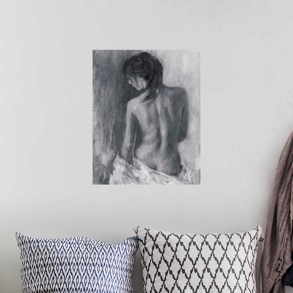 A bohemian room featuring Contemporary sketch of a nude female sitting with a cloth draped around her.