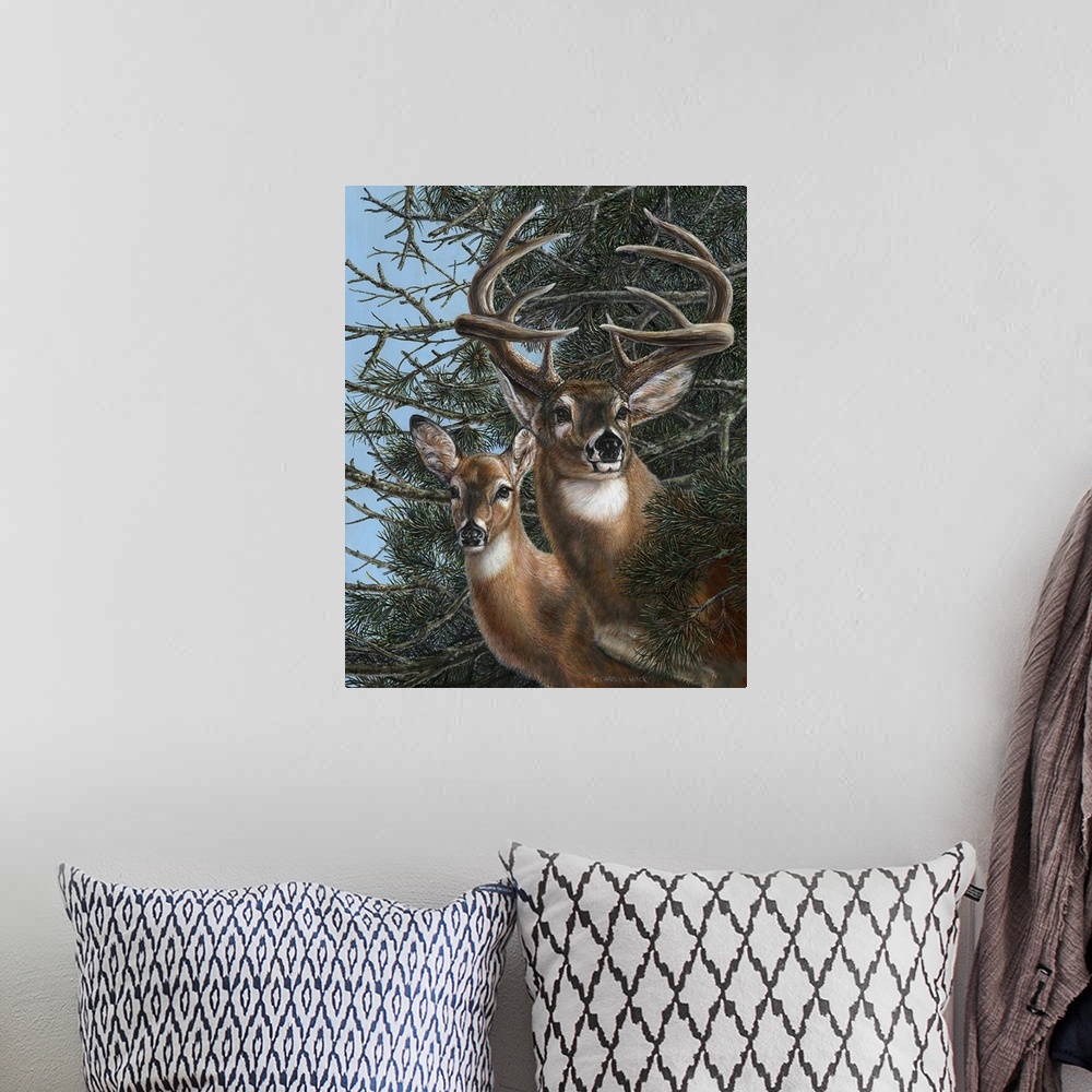 A bohemian room featuring Contemporary painting of two deer standing under a tree at the edge of a forest.