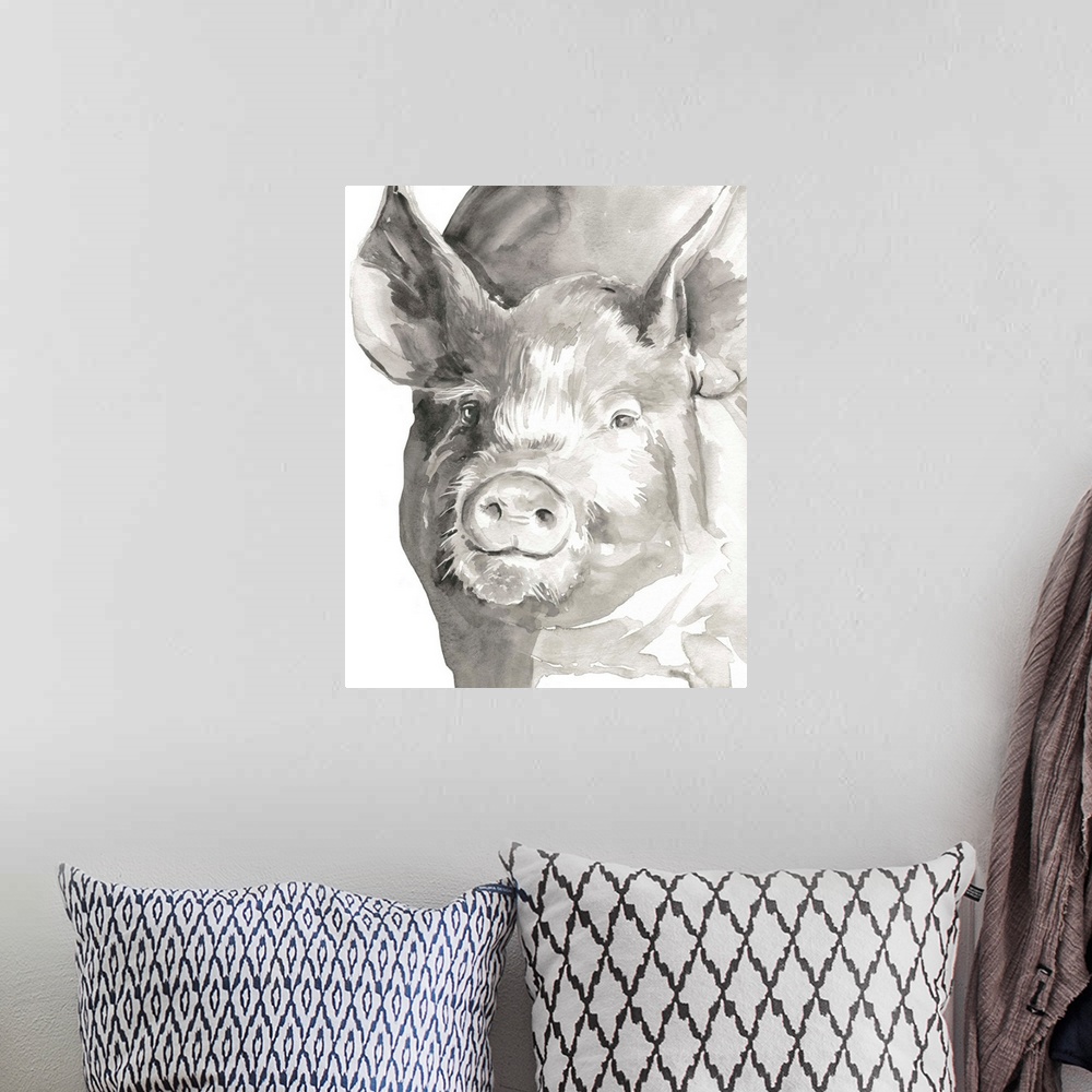 A bohemian room featuring Watercolor portrait of a pig in gray.