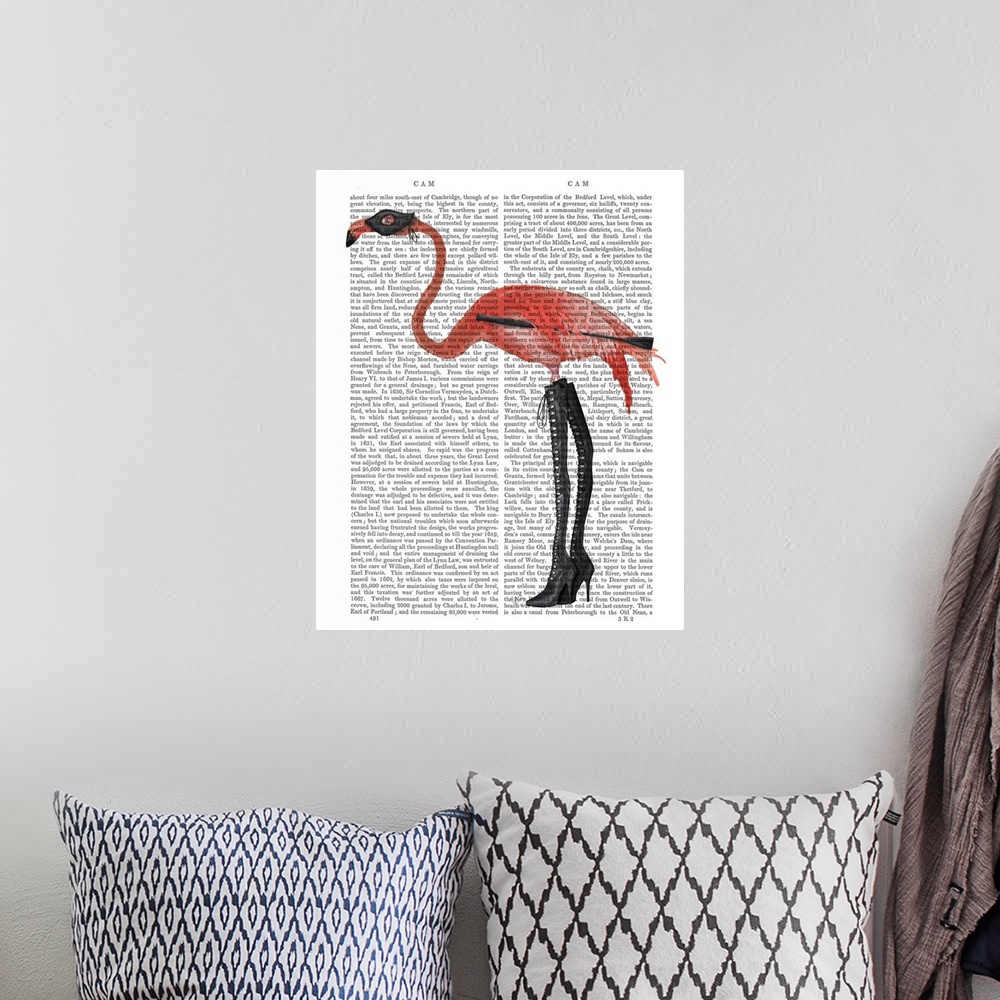 A bohemian room featuring Decorative art with a flamingo wearing long black boots and a mask painted on the page of a book.