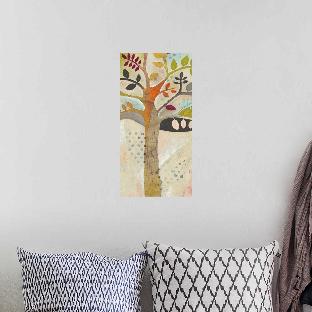 A bohemian room featuring Contemporary painting of a tree using muted browns, oranges and blues.