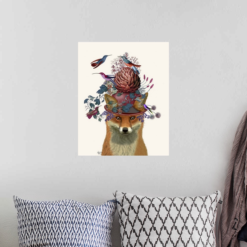 A bohemian room featuring Digital illustration of a fox wearing a hat covered with flowers on an artichoke surrounded by bi...