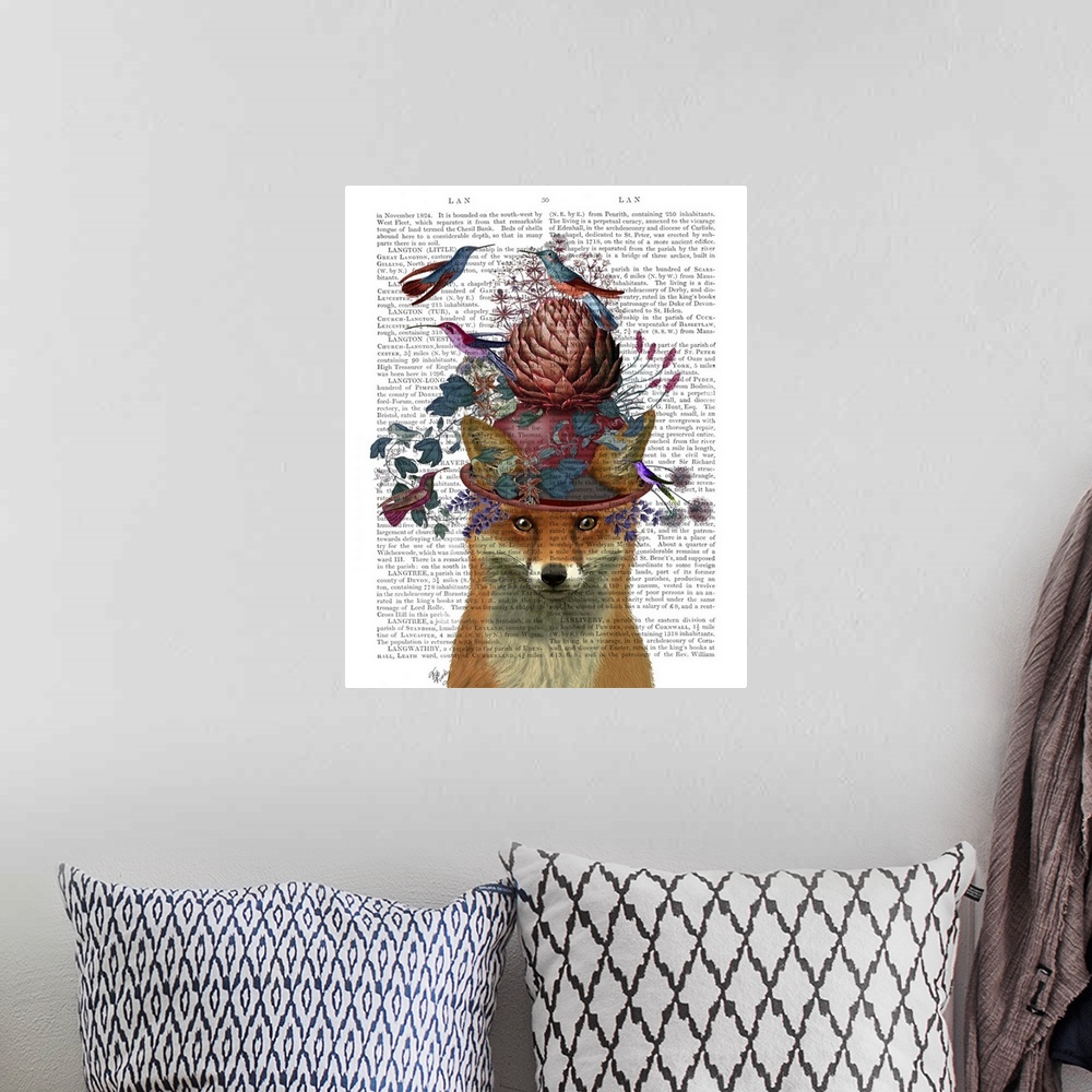 A bohemian room featuring Digital illustration of a fox wearing a hat covered with flowers on a artichoke surrounded by bir...