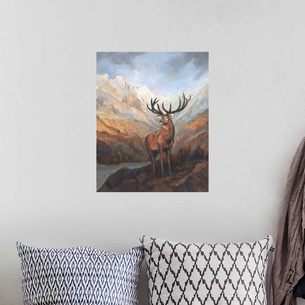 A bohemian room featuring Portrait in the traditional style of a majestic red deer in the mountains, reminiscent of the pai...