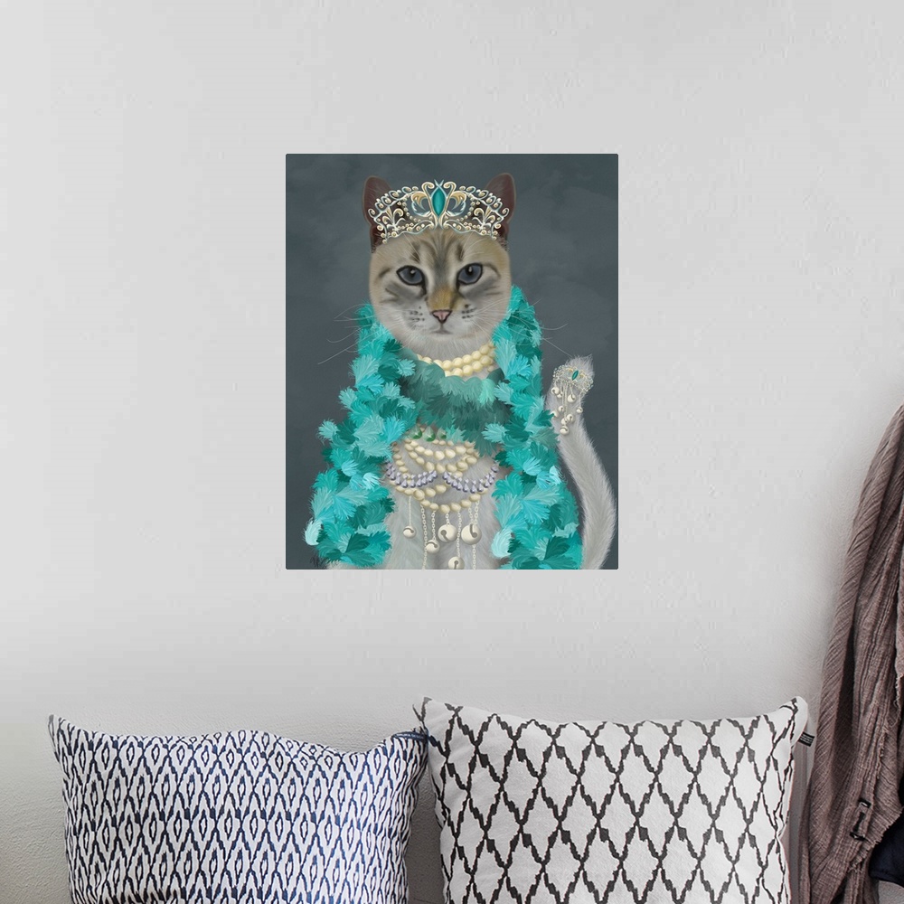 A bohemian room featuring Grey Cat With Bells, Portrait