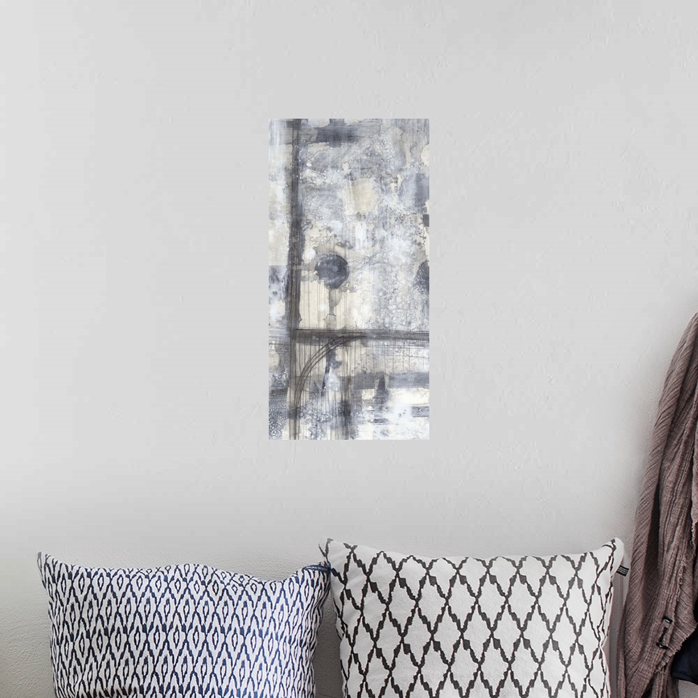 A bohemian room featuring Contemporary abstract painting using gray tones with vertical broad strokes.