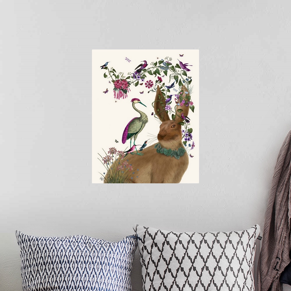 A bohemian room featuring Digital illustration of a rabbit wearing leaves around his neck and on his ears and colorful birds.
