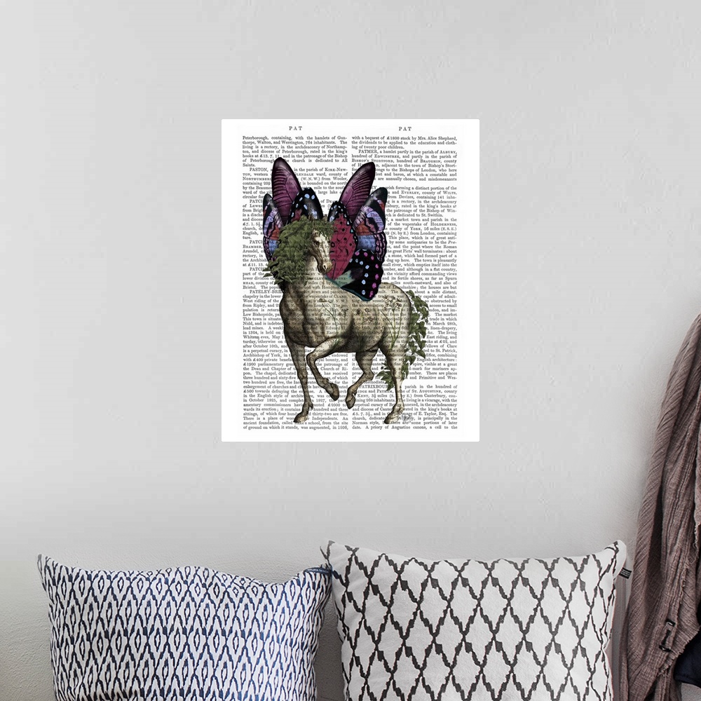 A bohemian room featuring Decorative artwork of a horse with butterfly wings painted on the page of a book.