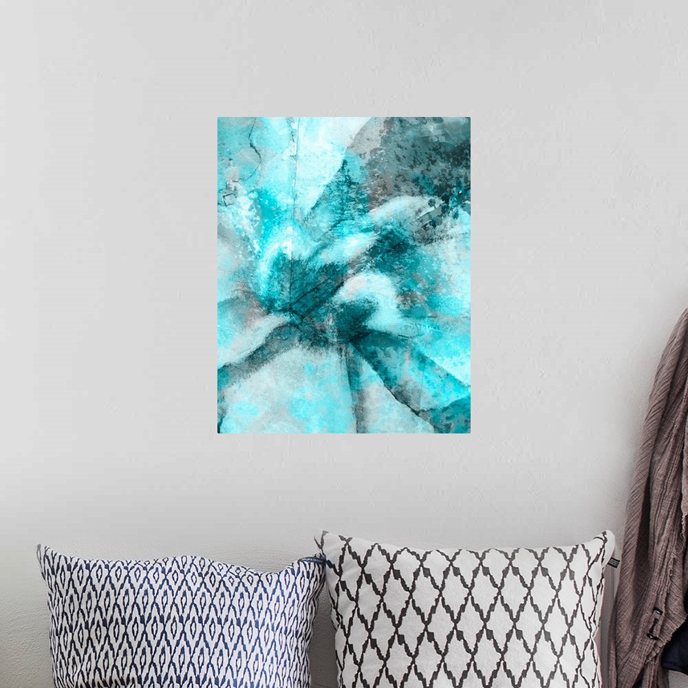 A bohemian room featuring Abstract painting of various shades of blue on canvas.