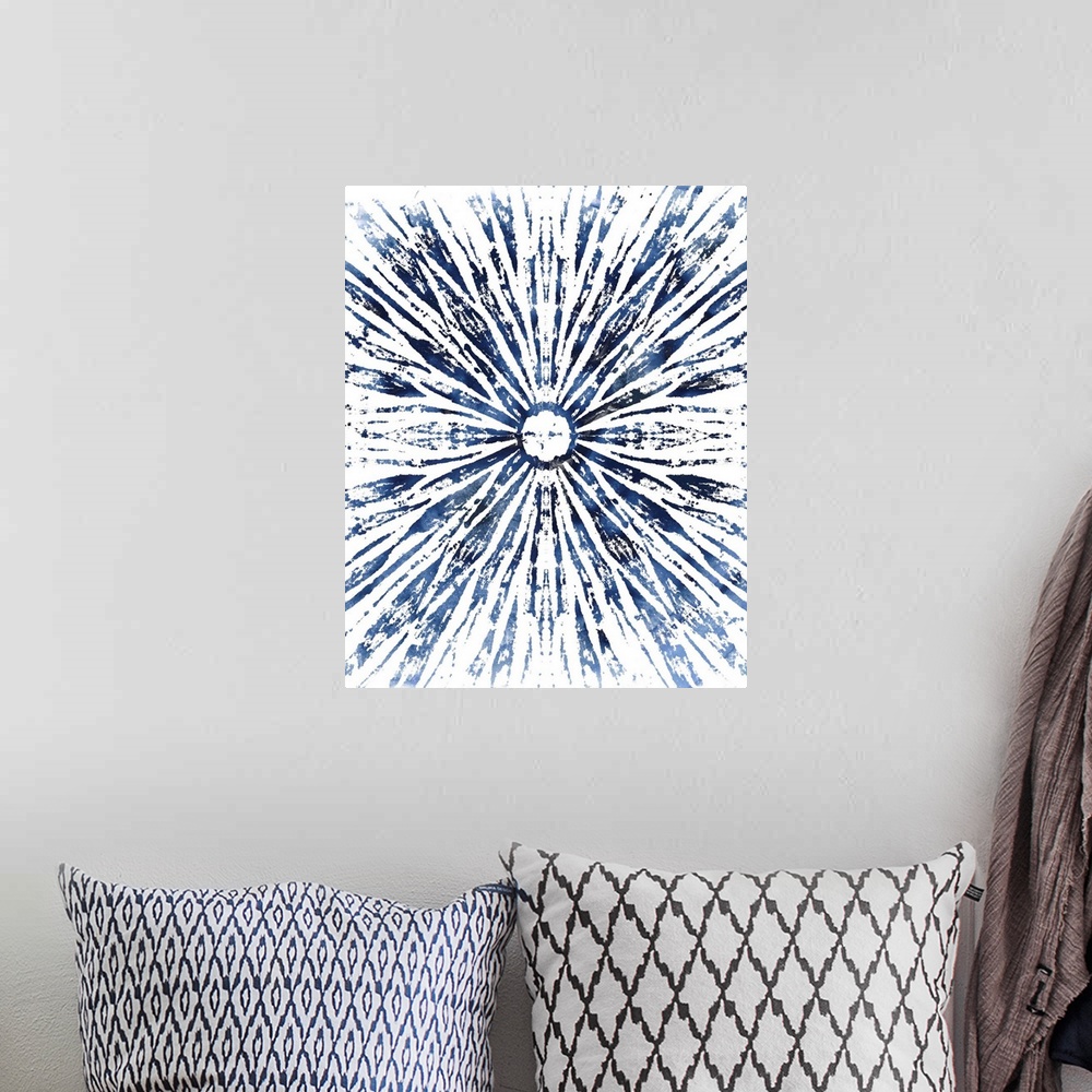 A bohemian room featuring Decorative abstract artwork with a design in indigo and white.