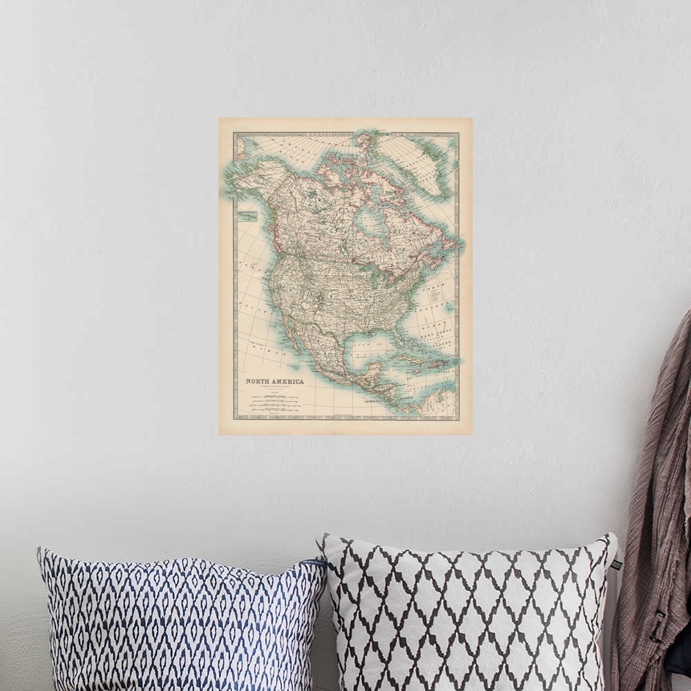 A bohemian room featuring Vintage map of the continent of North America.