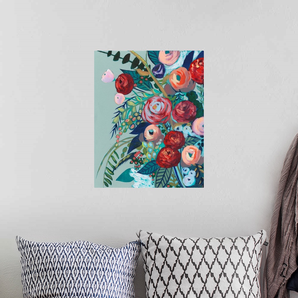 A bohemian room featuring Painting of a colorful bouquet of flowers.