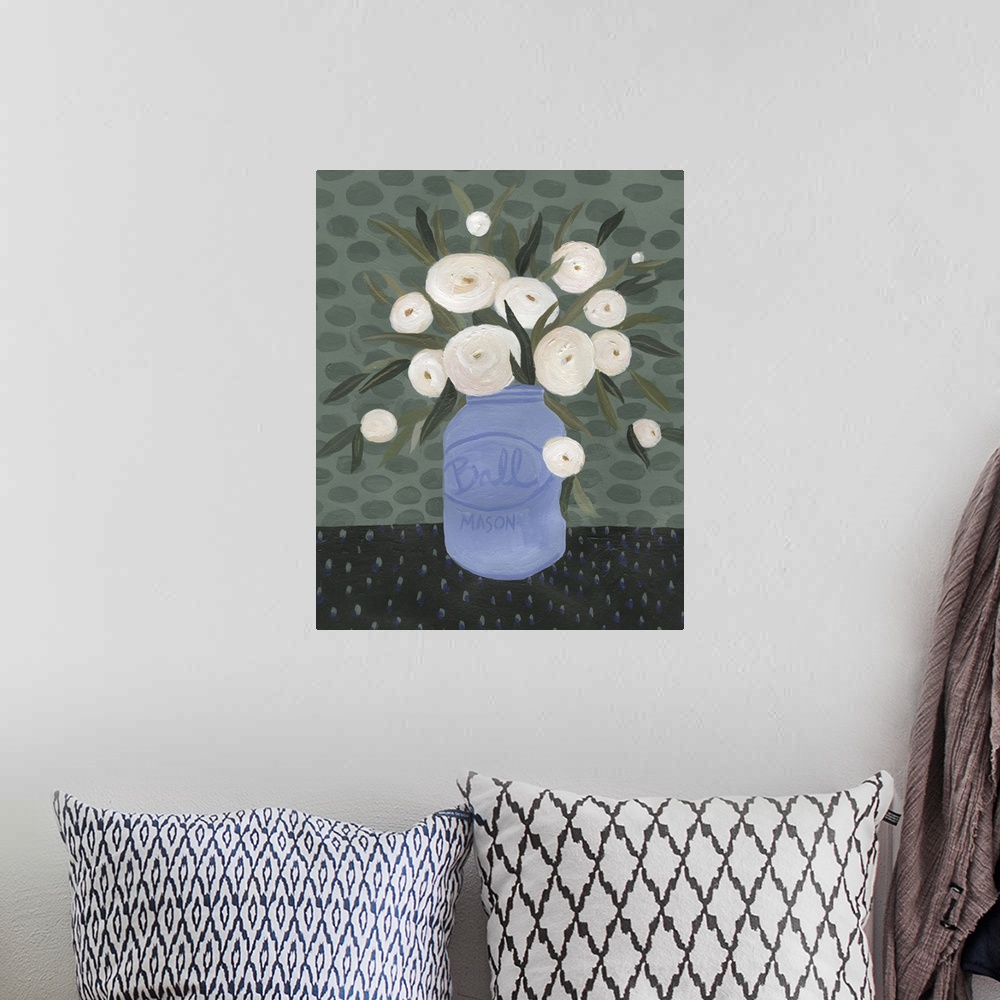 A bohemian room featuring Contemporary painting of a blue mason jar full of white flowers on a green toned backdrop with sp...