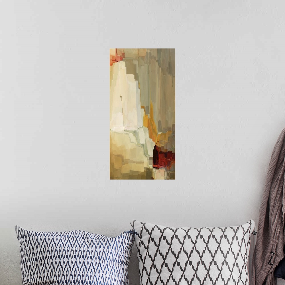 A bohemian room featuring Contemporary abstract artwork using earth tones and jagged to create depth.