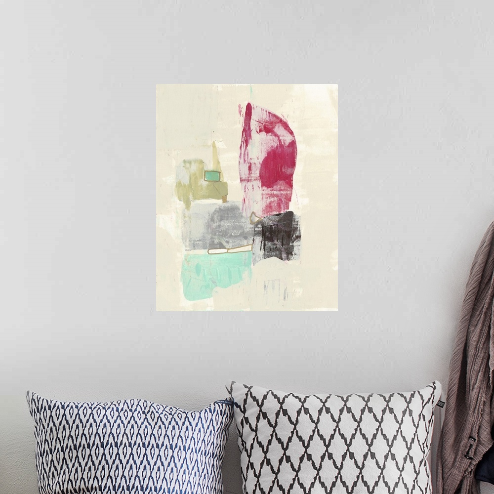 A bohemian room featuring Contemporary abstract painting in olive, bright raspberry, and teal on a neutral background.